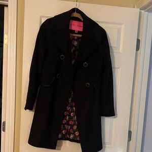 Betsey Johnson Black Pea Coat with Floral Lining